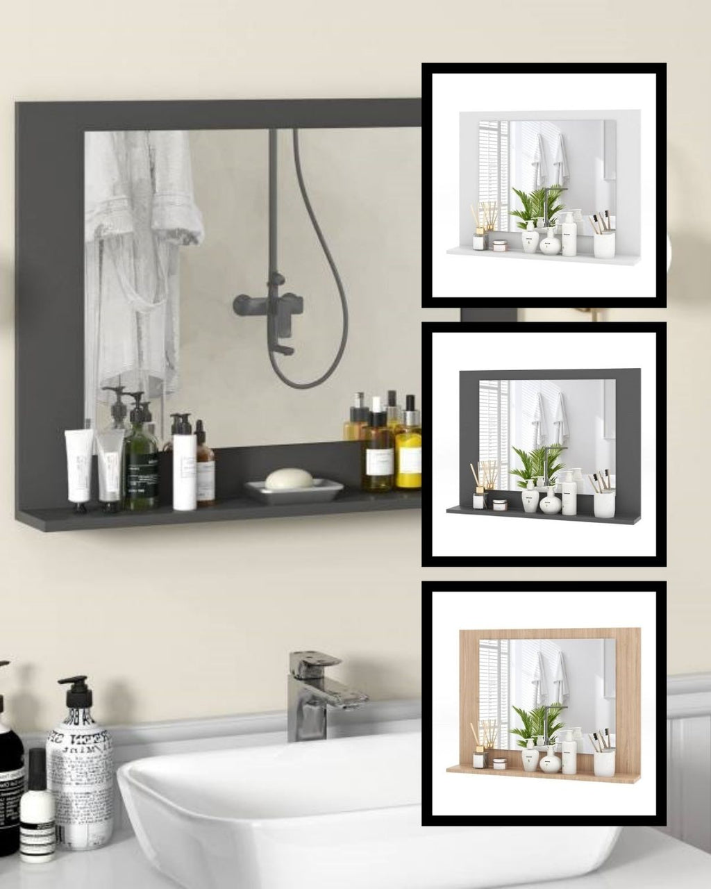 Rectangular Bathroom Wall Mirror with Storage Shelf and Wood Frame
