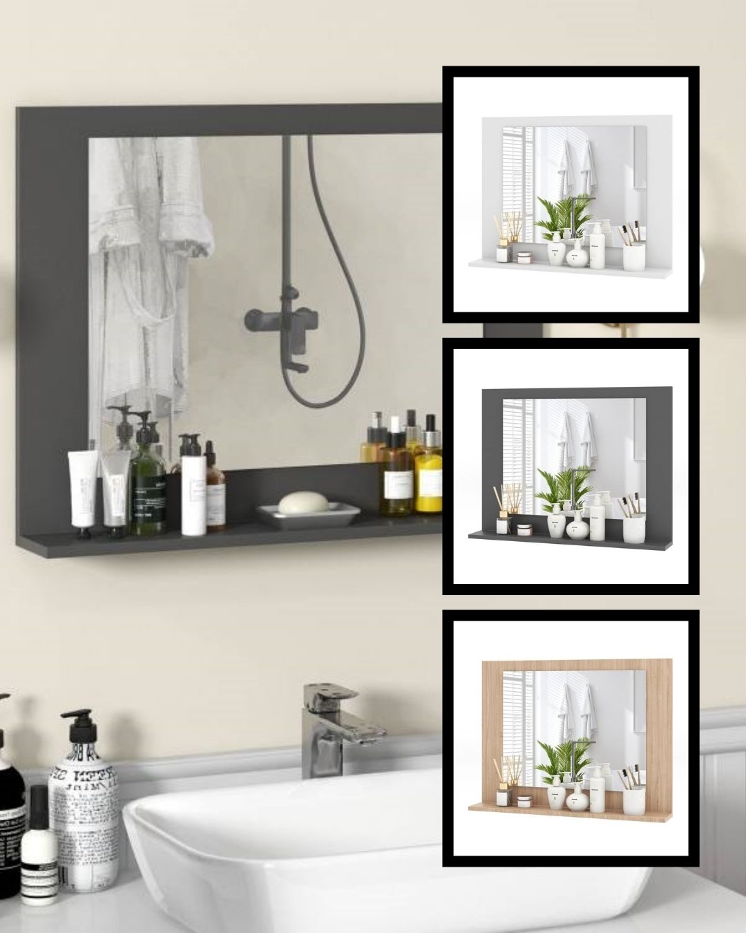 Rectangular Bathroom Wall Mirror with Storage Shelf and Wood Frame