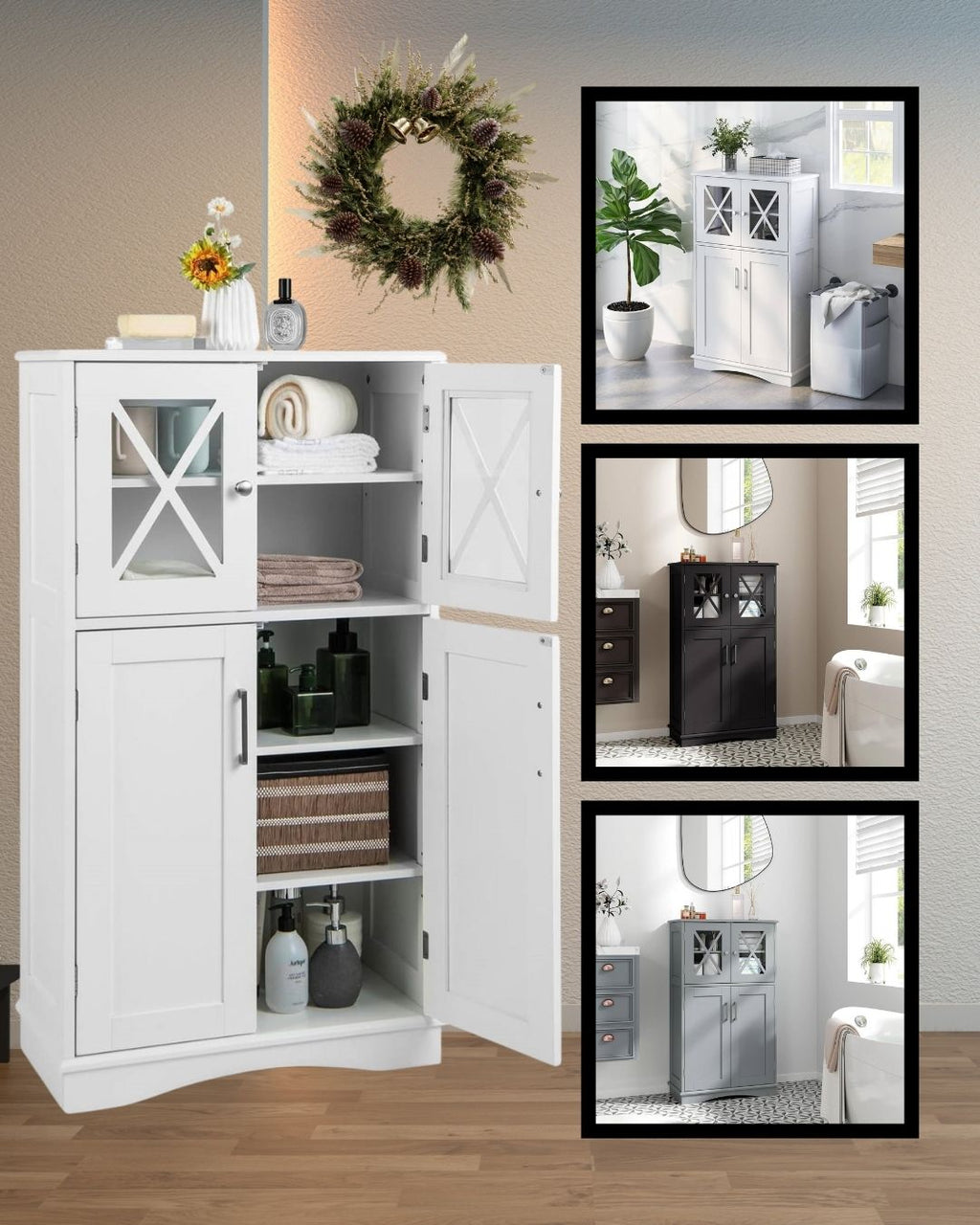 Bathroom Towel Linen Cabinet with Glass Doors and Storage Shelves
