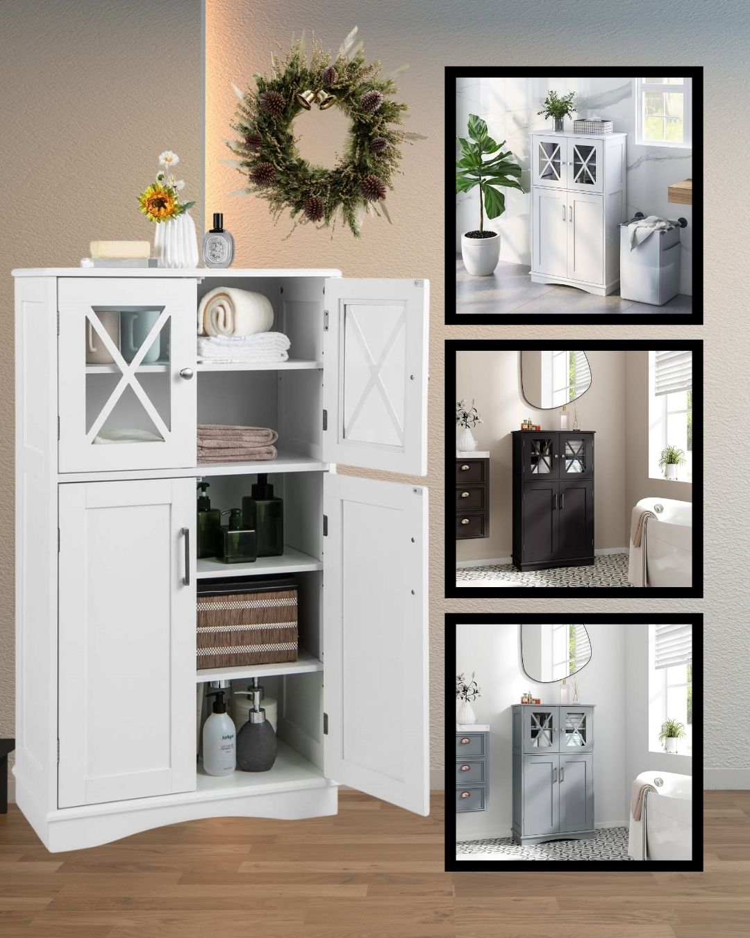 Bathroom Towel Linen Cabinet with Glass Doors and Storage Shelves