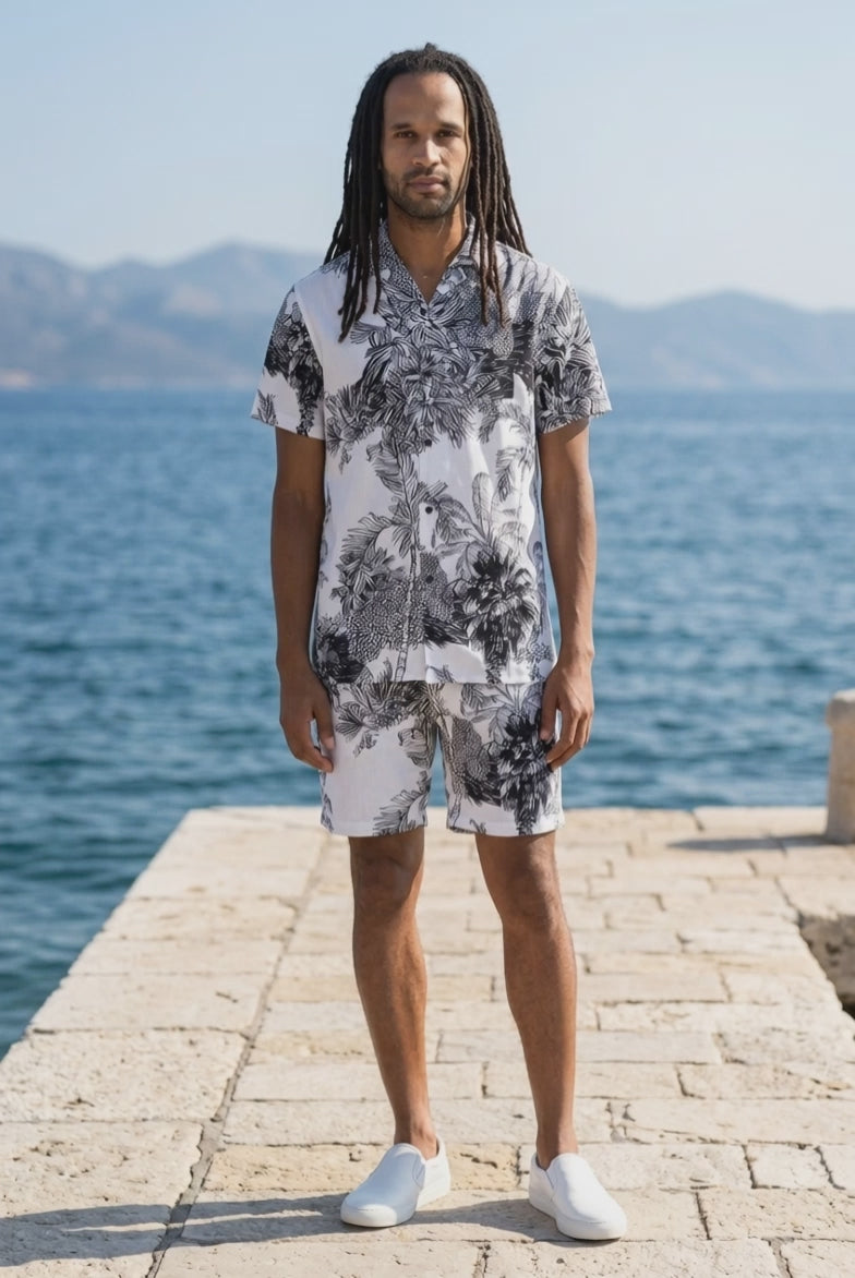 MENS WHITE BLACK PRINT BUTTON DOWN SHIRT