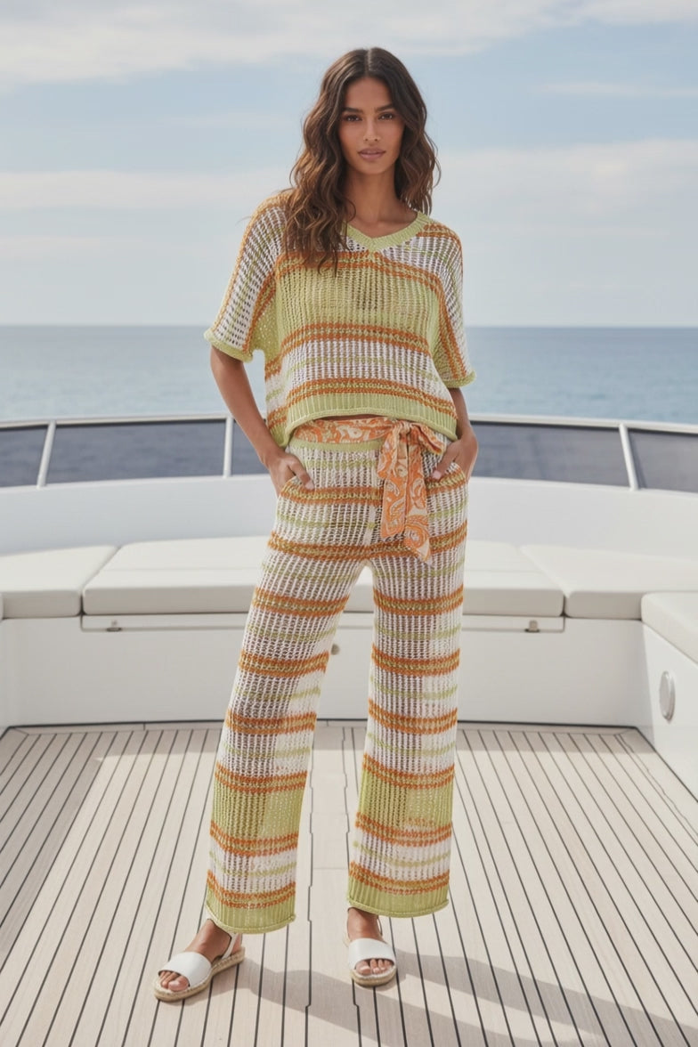 POL Openwork Lightweight Striped V-Neck Knit Top