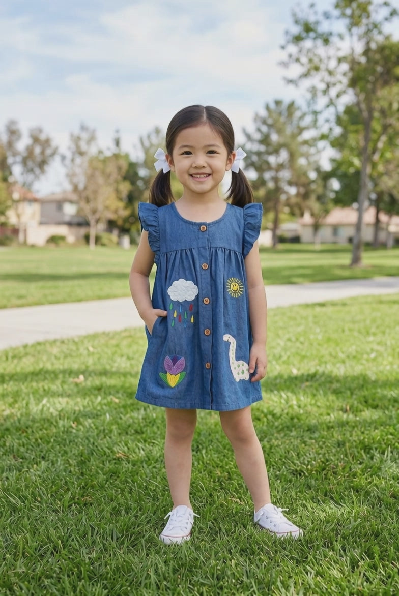 Children's Embroidered Denim Button-Front Dress