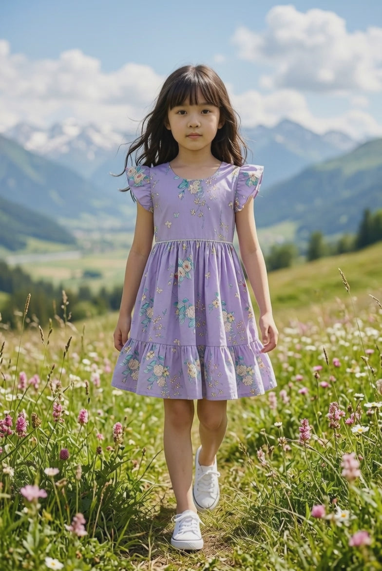 Children's Floral Print Ruffle Sleeve A-Line Dress