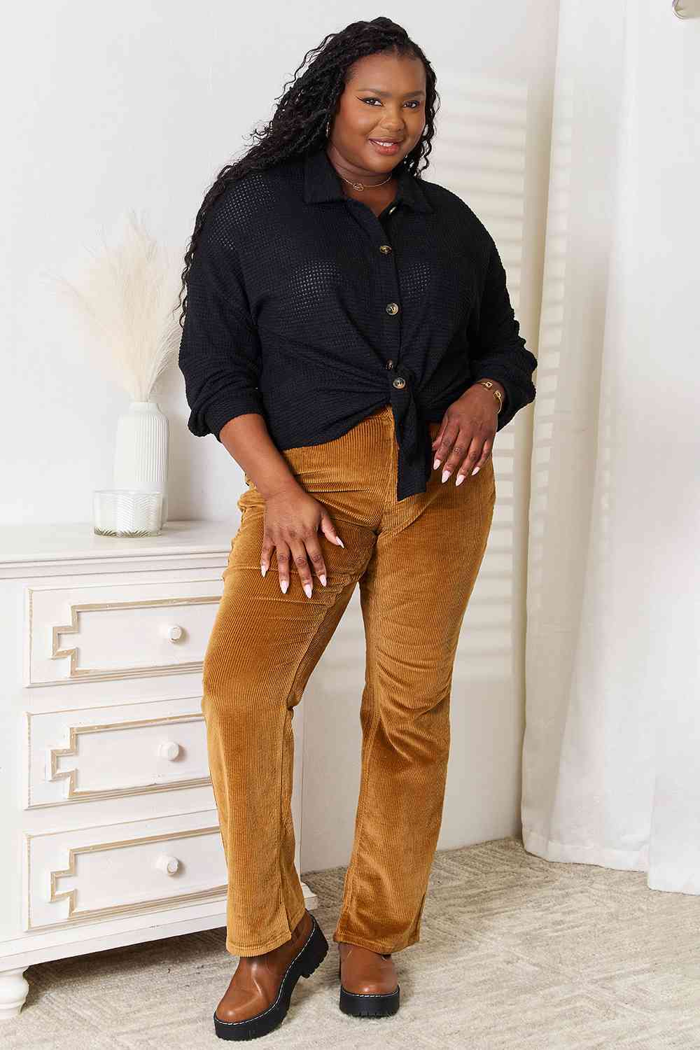 Double Take Waffle-Knit Collared Neck Dropped Shoulder Shirt *