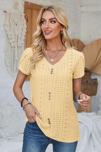 Decorative Button Eyelet V-Neck Short Sleeve T-Shirt