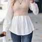 Full Size Contrast Round Neck Puff Sleeve Blouse