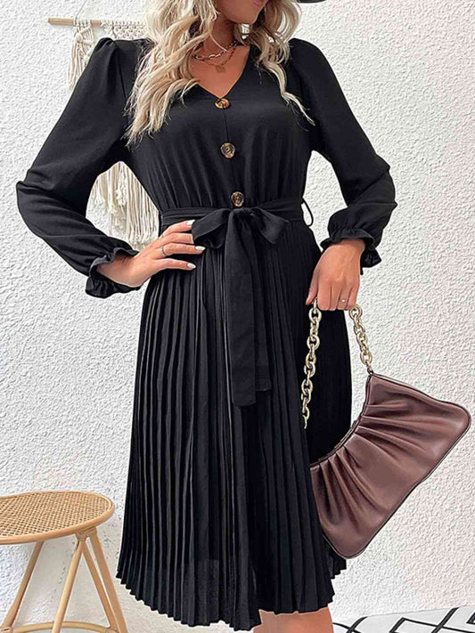 Decorative Button Belted Puff Sleeve Pleated Black Dress