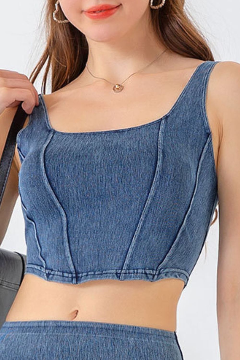 AMIEE LEAH Full Size Seam Detail Cropped Denim Tank