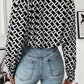 Geometric V-Neck Black Long Sleeve Blouse