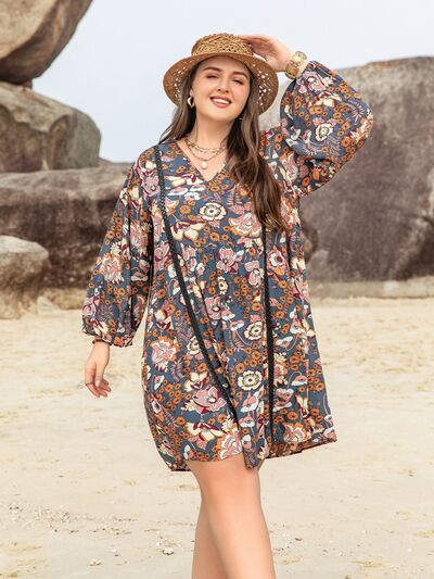 Women's Candida Plus Size Printed V-Neck Balloon Sleeve Mini Dress