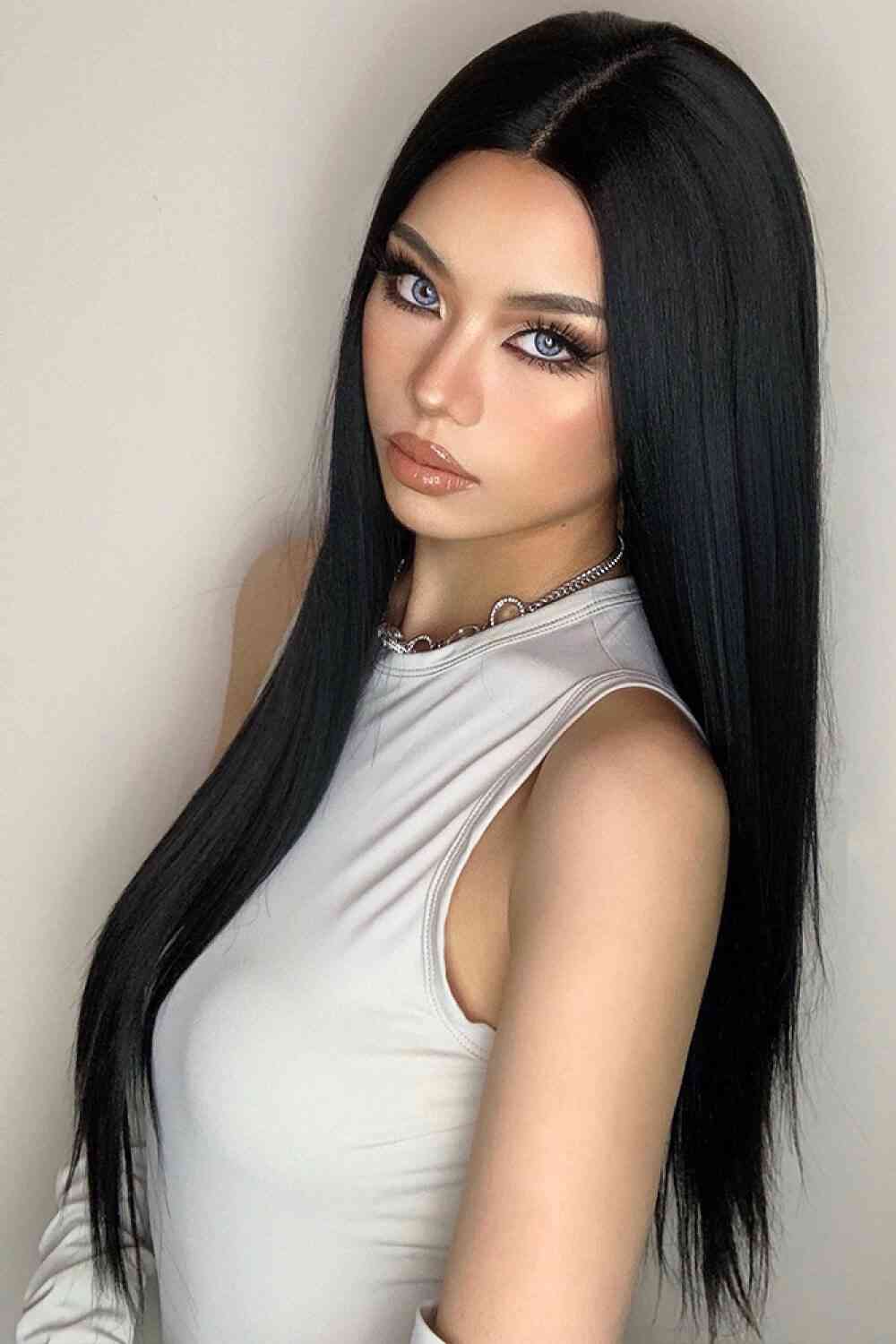 EMMOR 13*2" Long Lace Front Straight Synthetic Black Wigs 26" Long 150% Density (Cap Included)