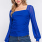 ACTIVE BASIC Square Neck Mesh Long Sleeve Shirring Top