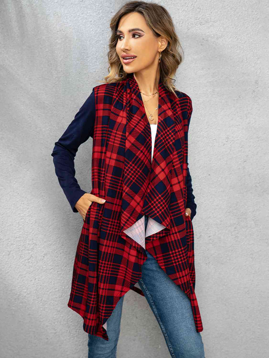 Deep Red Plaid Open Front Cardigan