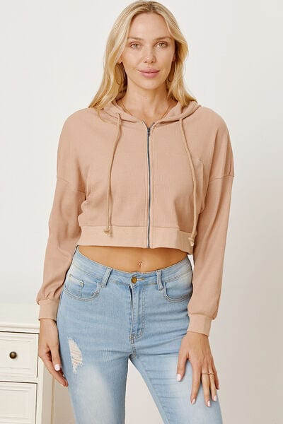 Joelynn Waffle-Knit Drawstring Zip Up Hoodie