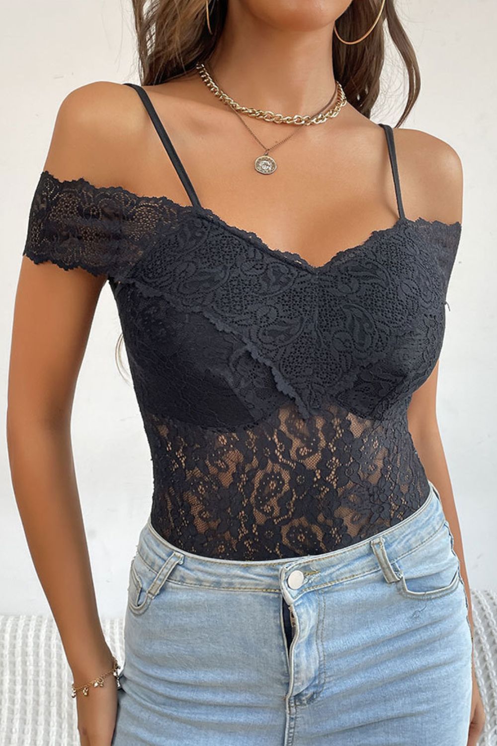 Black Lace Cold-Shoulder Bodysuit