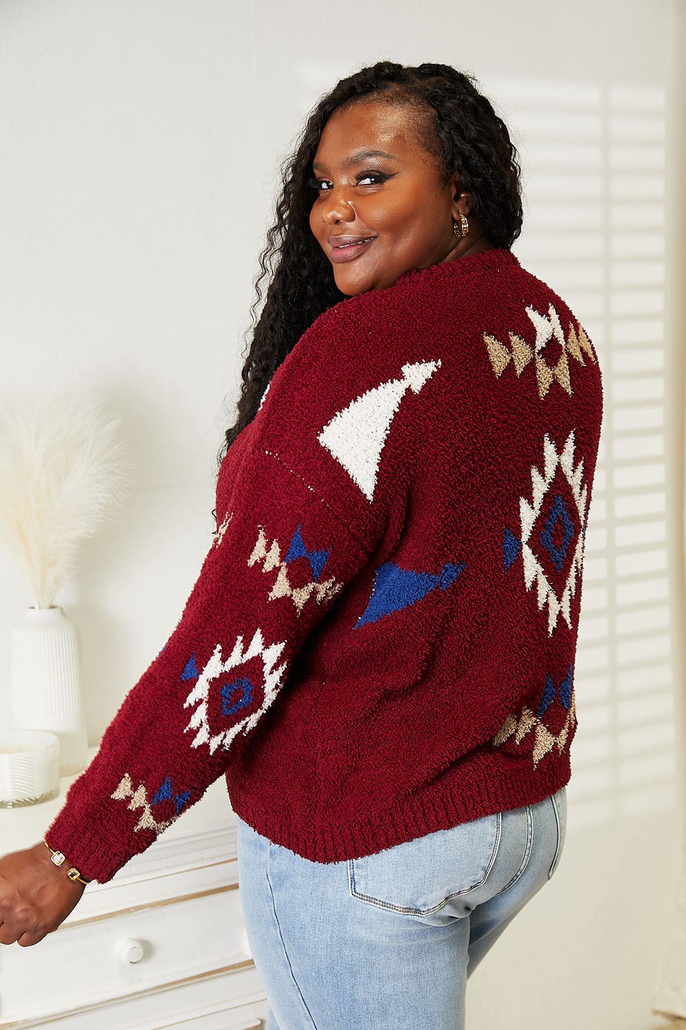 HEYSON Wine Full Size Aztec Soft Fuzzy Sweater