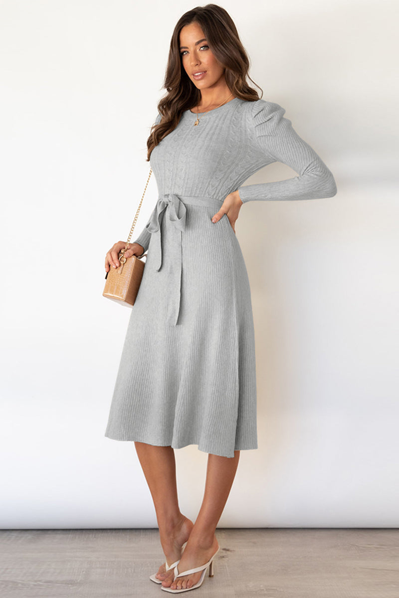 Full Size Round Neck Long Sleeve Tie Waist Sweater Dress