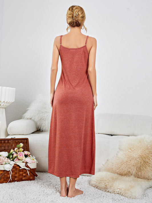 Brick Red Scoop Neck Spaghetti Strap Night Dress