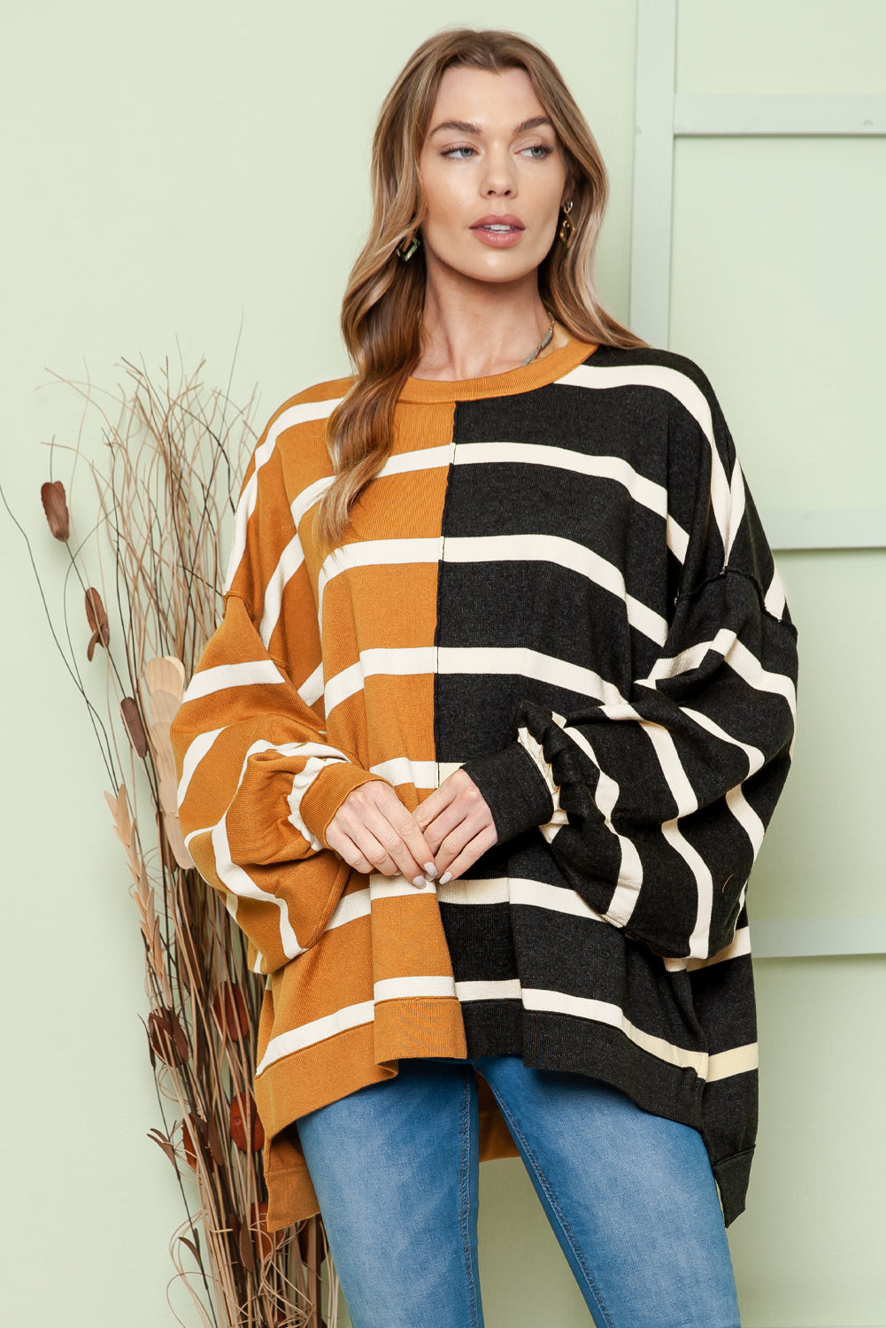 Adriana & Bae Striped Dropped Shoulder Round Neck Blouse