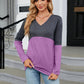 Full Size V-Neck Long Sleeve Two-Tone T-Shirt