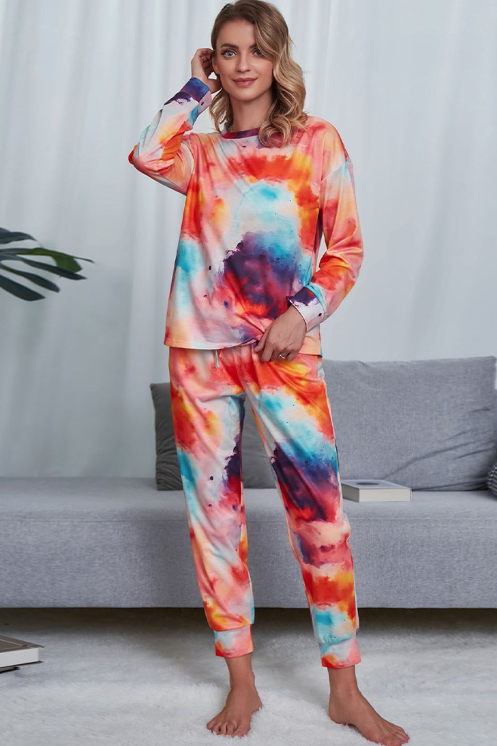 Women's Tie-Dye Crewneck Top and Drawstring Waist Joggers Lounge Set