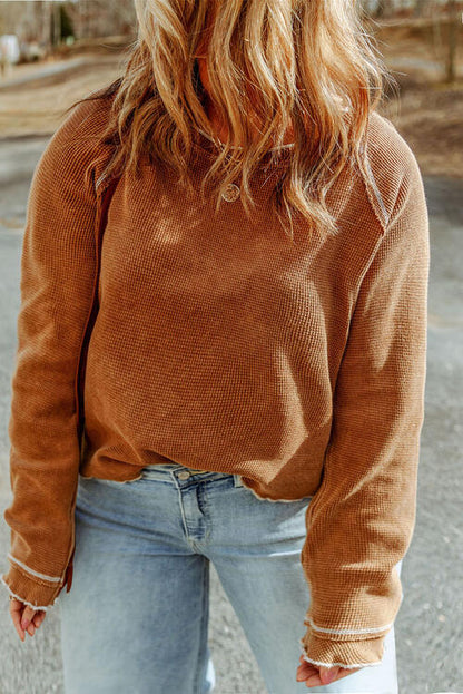 Plus Size Caramel Brown Waffle-Knit Round Neck Long Sleeve Blouse