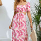 Carnation Pink Floral Cutout Square Neck Puff Sleeve Dress