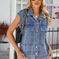 Pocketed Button Up Sleeveless Denim Jacket