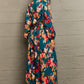 Deep Teal Printed Deep V Slit Pleated Dress