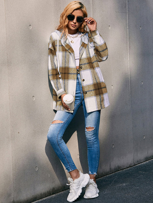 Outer Adventure Plaid Dropped Shoulder Hooded Jacket