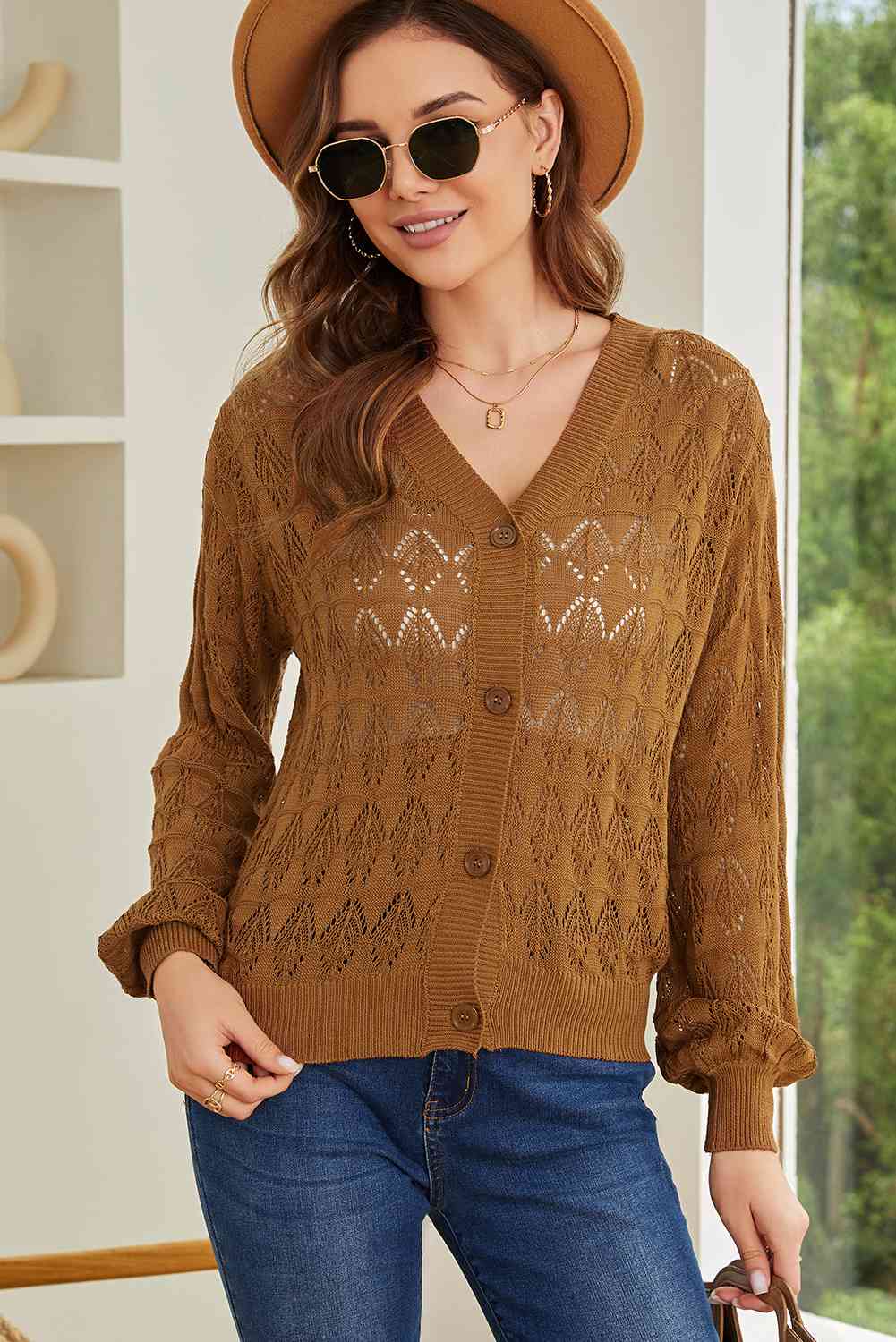 Full Size Openwork V-Neck Cardigan