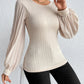 Pleated Puff Sleeve Round Neck Blouse