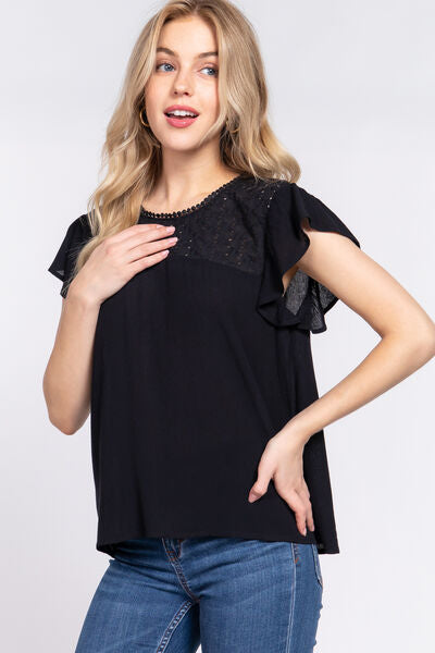 ACTIVE BASIC Ruffle Short Sleeve Crochet Blouse *