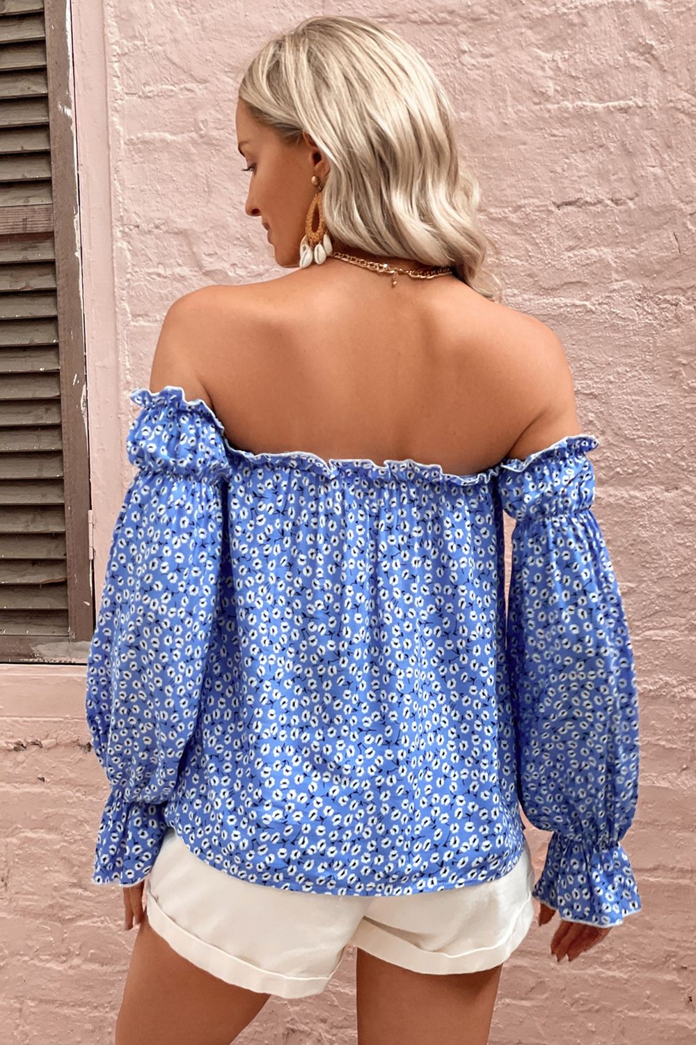 Adelisa & Yehn Off Shoulder Printed Frill Trim Blouse