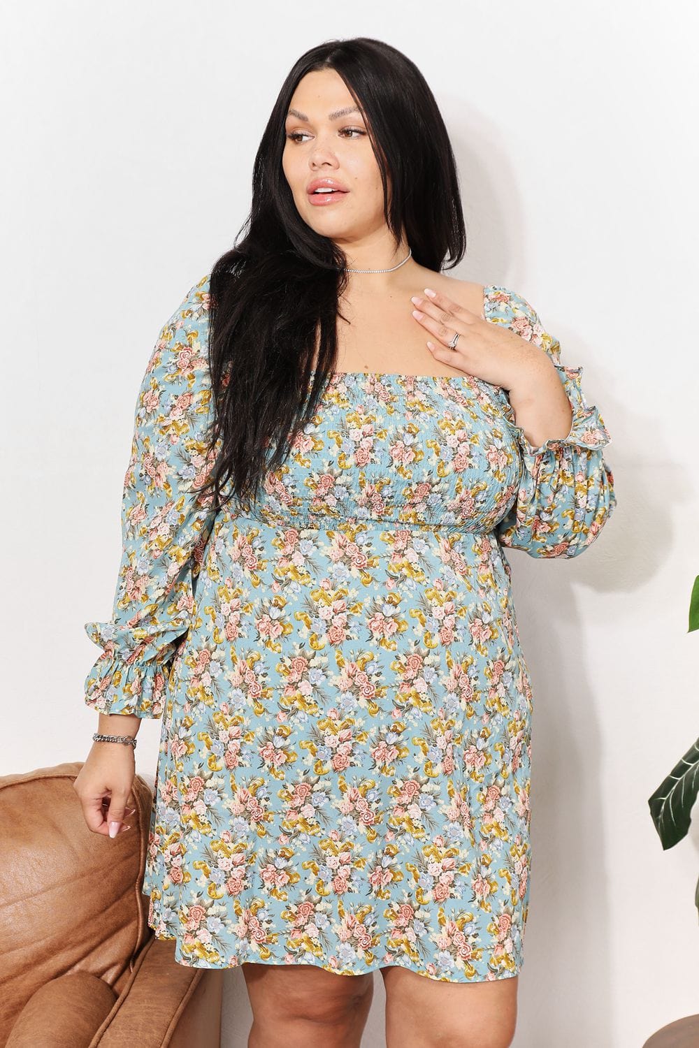 Double Take Floral Smocked Flounce Sleeve Square Neck Dress *