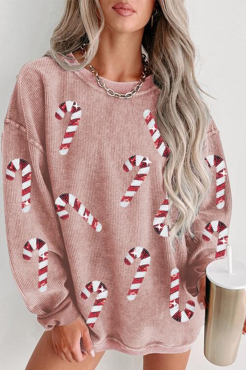 Christmas Themed Sequin Candy Cane Round Neck Sweatshirt