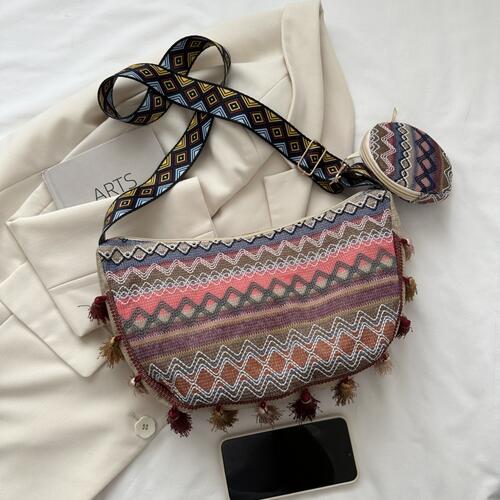 Luxury Pleasures Printed Tassel Detail Crossbody Bag with Small Purse