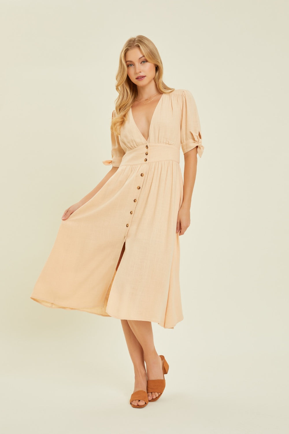 HEYSON Full Size Textured Linen V-Neck Button-Down Midi Dress *