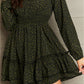 Army Green Leopard Smock Waist Long Sleeve Dress