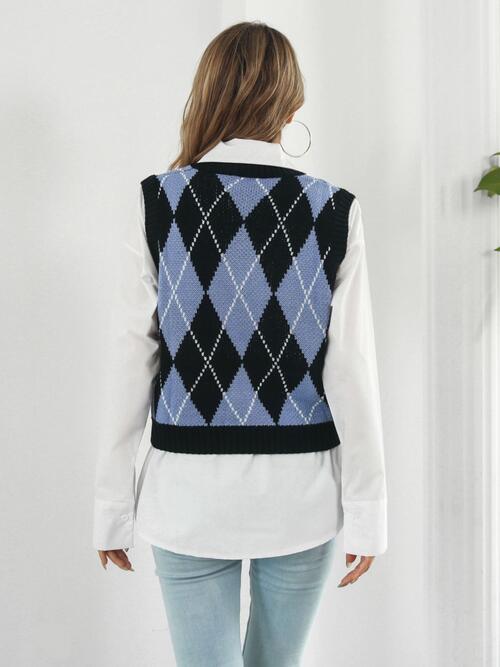 SoGoth Skull Geometric V-Neck Black Sweater Vest