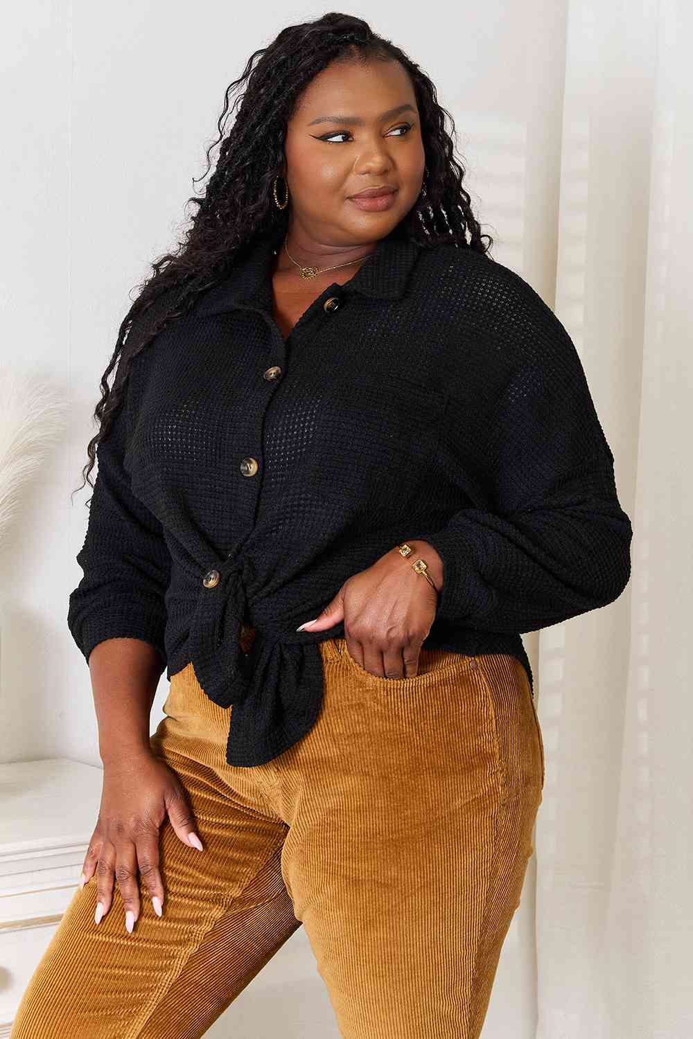 Double Take Waffle-Knit Collared Neck Dropped Shoulder Shirt *