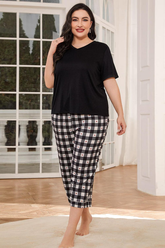 Plus Size V-Neck Tee and Plaid Cropped Pants Lounge Set