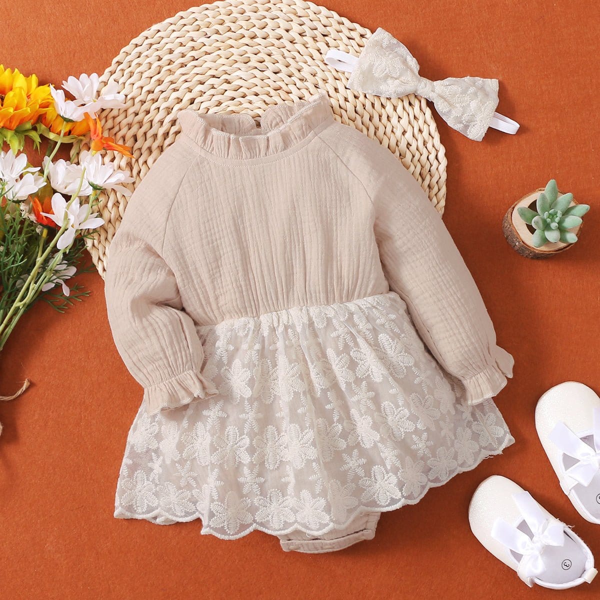 LITTLE GIRLS Apricot Two-Tone Lace Bodysuit Dress SZ 0M-18M