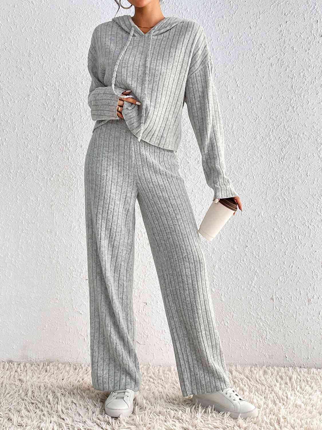 Light Gray Drawstring Ribbed Hoodie and Straight Leg Pants Set