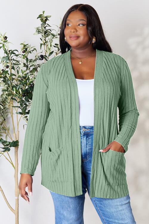 Basic Bae Full Size Ribbed Open Front Cardigan with Pockets *