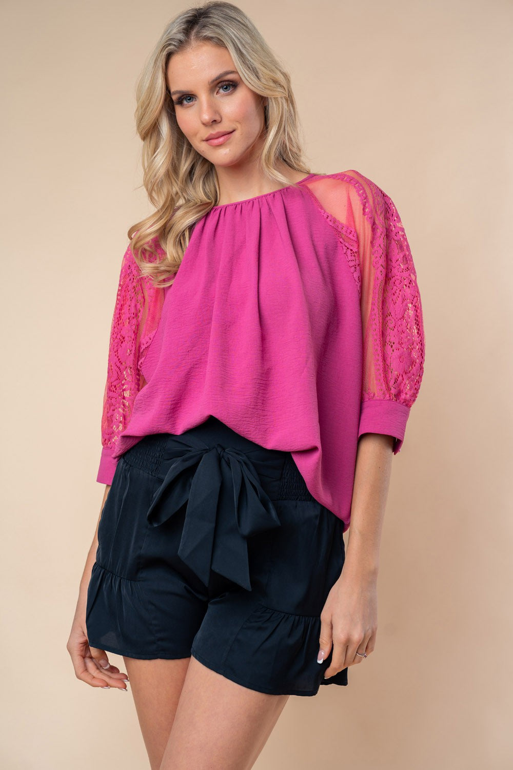 White Birch Round Neck Lace Half Sleeve Blouse *