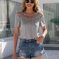 Decorative Button Round Neck Cold Shoulder T-Shirt