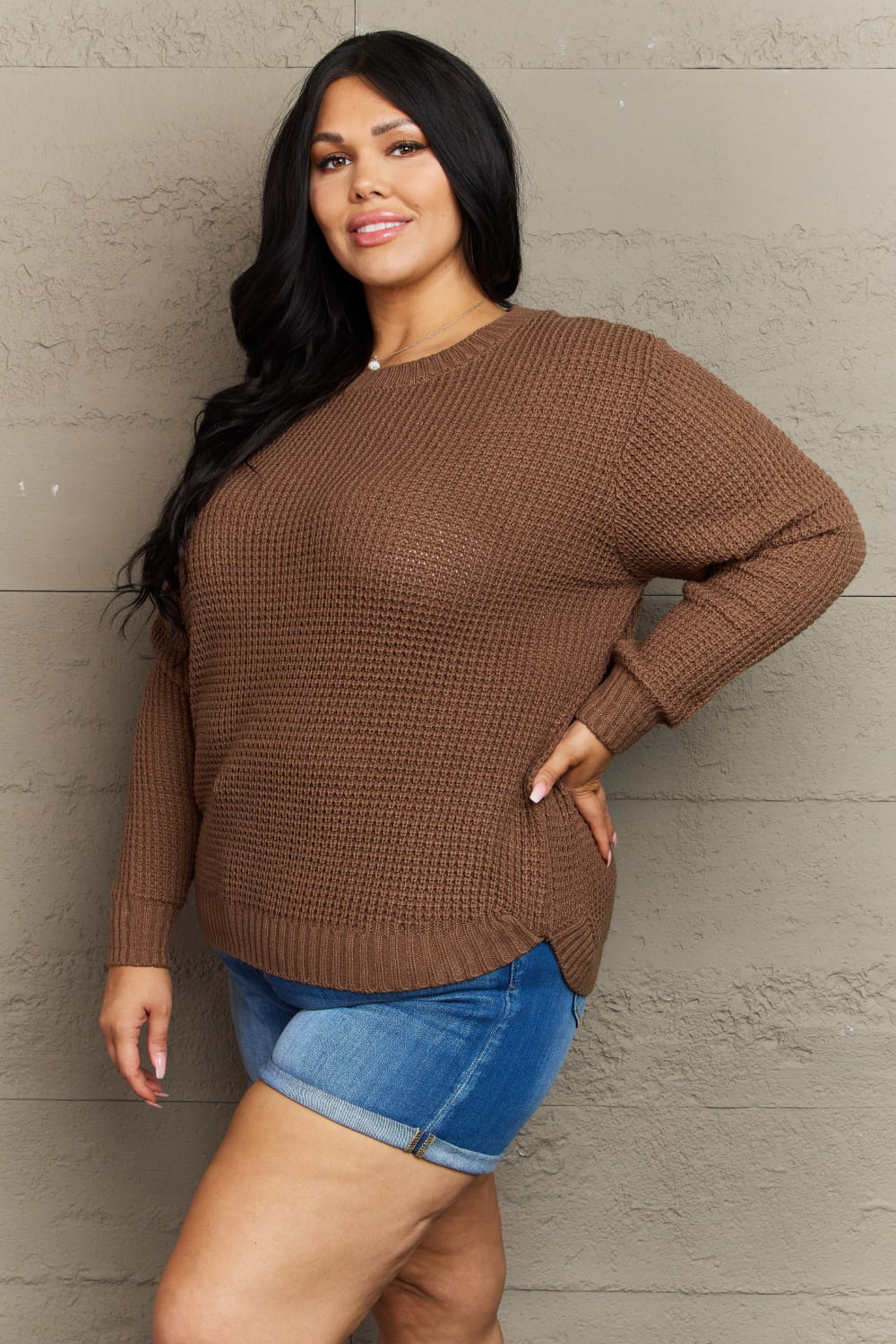 Zenana Breezy Days Plus Size High Low Waffle Knit Sweater *