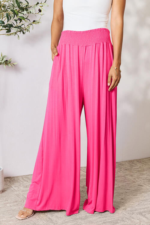 Double Take Full Size Smocked Wide Waistband Wide Leg Pants *